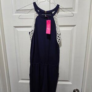 NWT Lilly Pulitzer LaLa Romper S Navy W/Pockets Cottagecore BoHo Lace